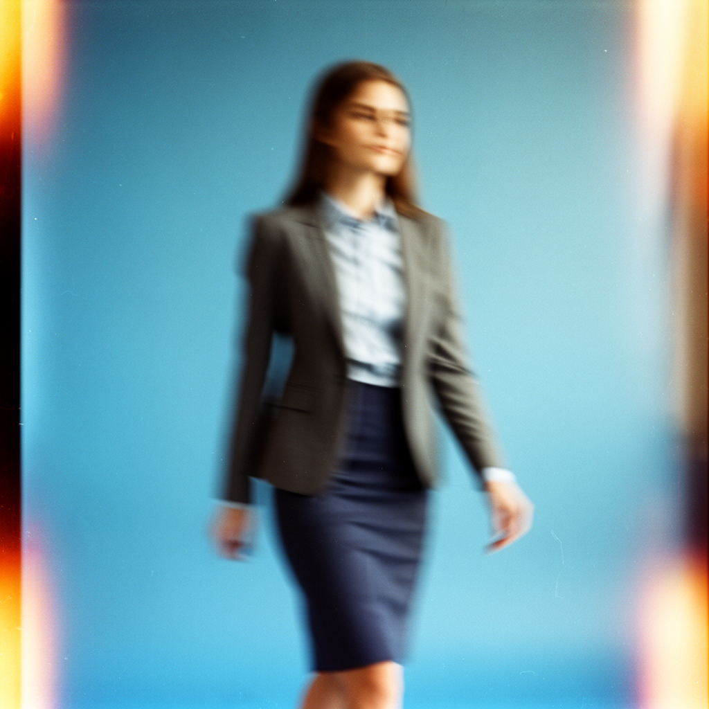 Blurry person walking in a blazer and skirt against a blue background