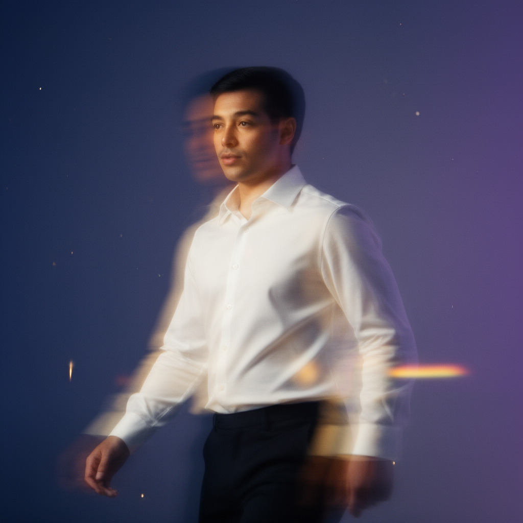 Man in white shirt pointing right against a dark background with colorful light streaks