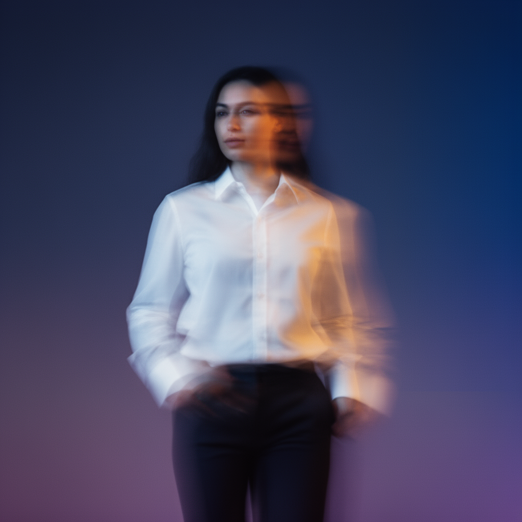 Blurred person in white shirt and dark pants standing against a blue-purple background