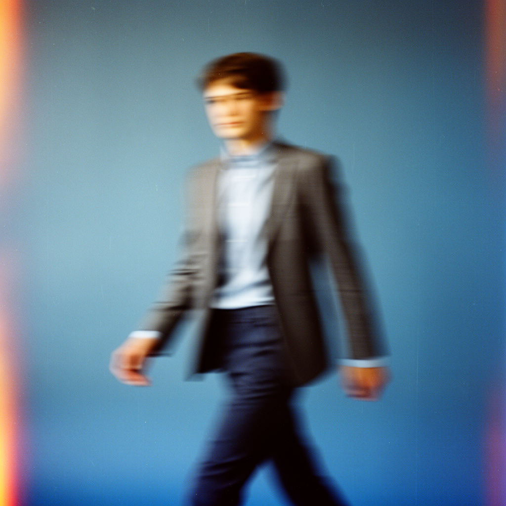 Blurred person in a gray blazer walking against a blue background