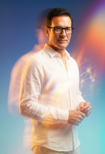 Man in a white shirt standing against a blue and orange gradient background, softly lit and facing forward