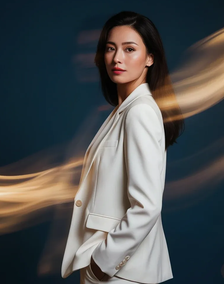 Woman in a cream suit standing against a dark blue backdrop with soft golden light streaks