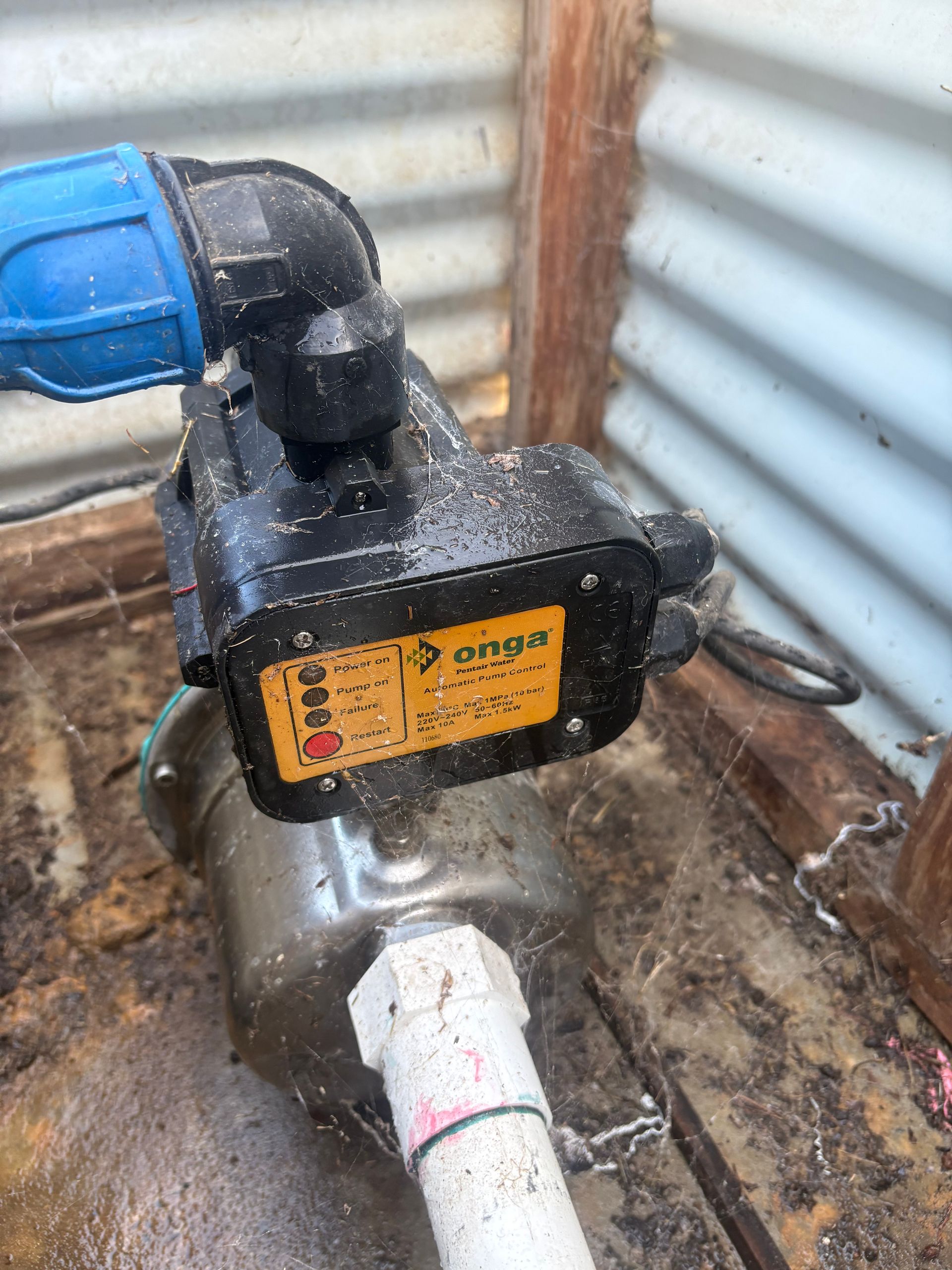 Water pump with blue piping and black control box in a wet utility corner