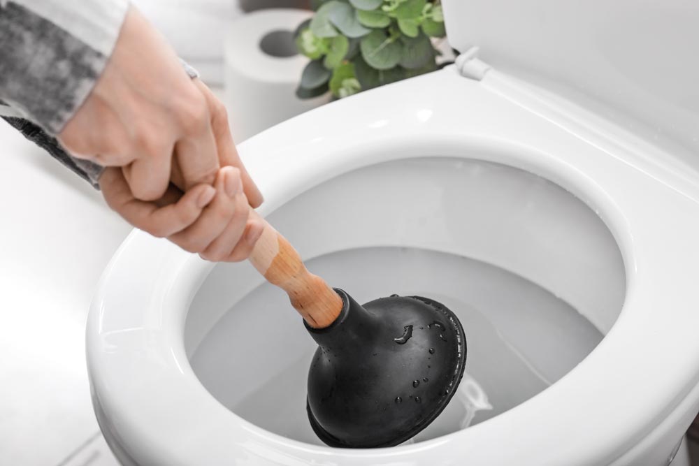 Woman Using Plunger On Toilet