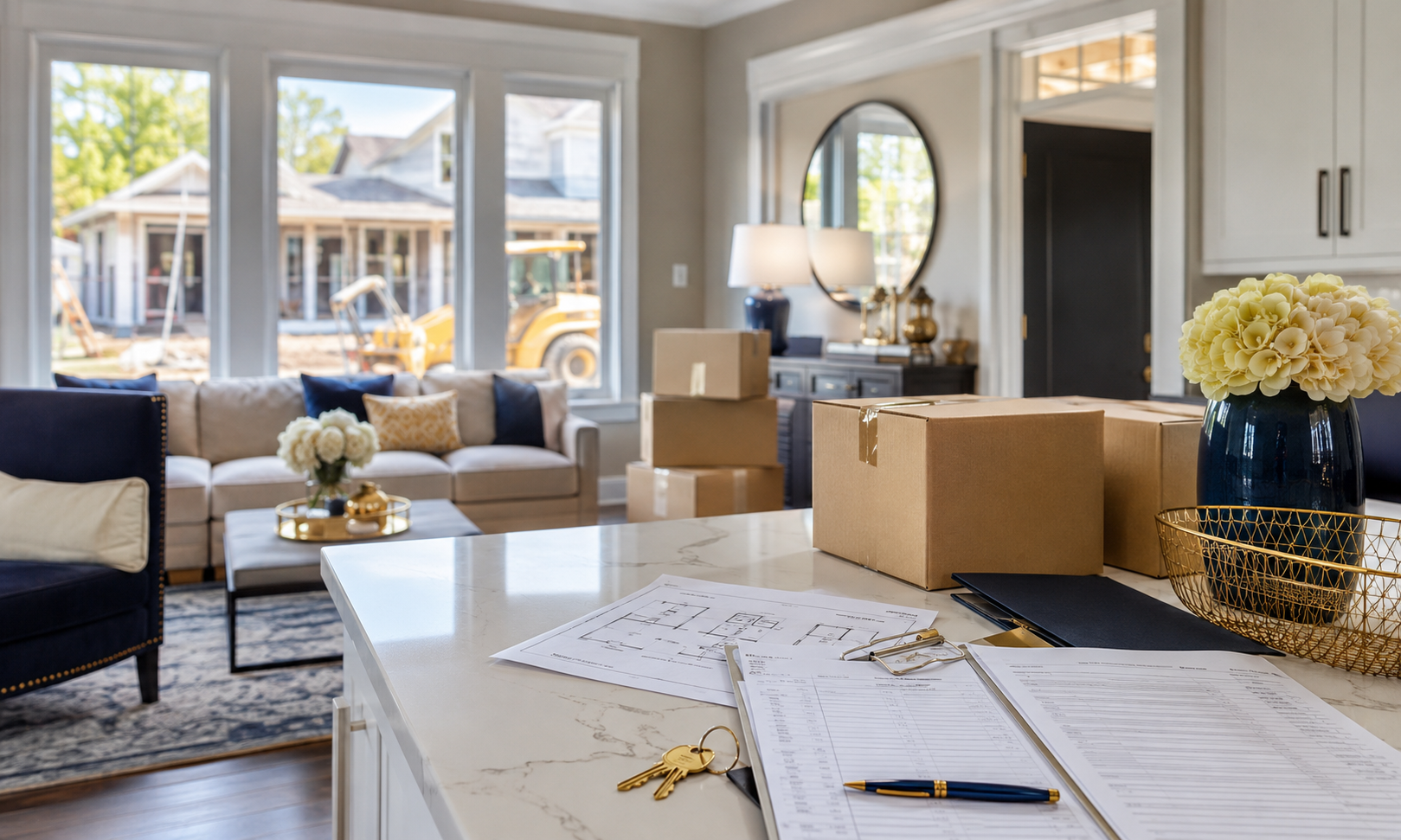 Living room filled with moving boxes, a table with papers, and bright windows overlooking a porch