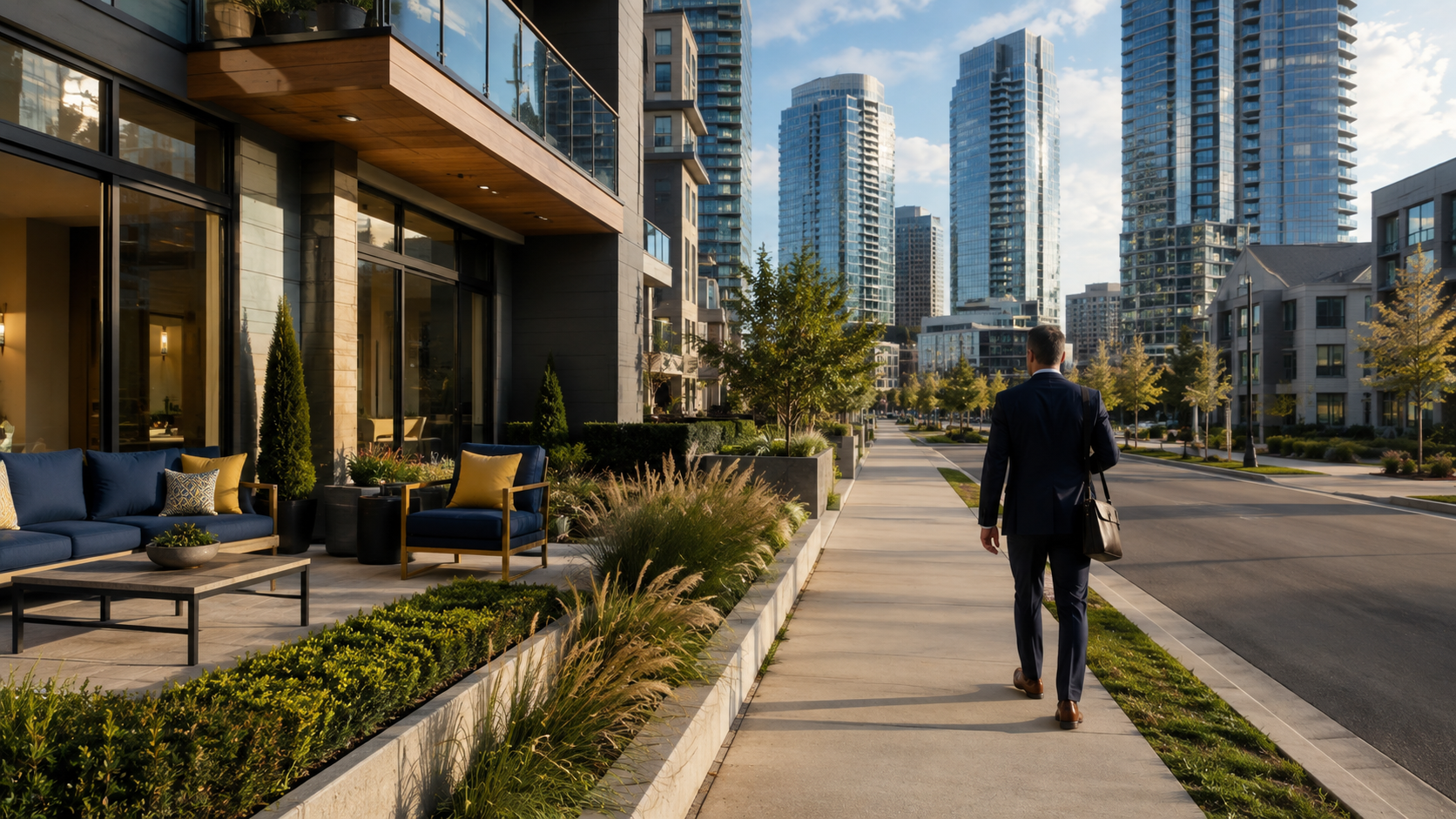 Person walking along a landscaped path beside modern apartments and tall city buildings.