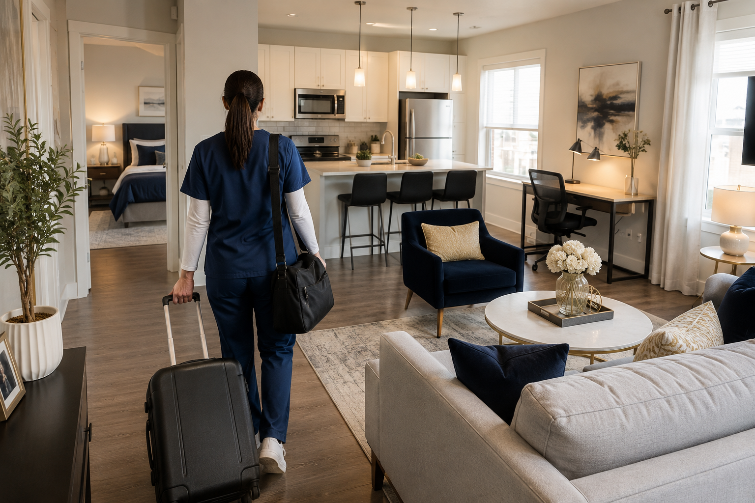 Person rolling suitcase in a modern living room with kitchen and blue accent chairs