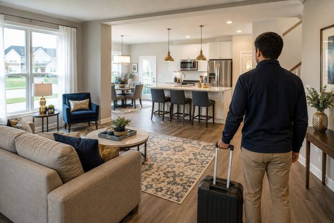 Person with suitcase entering a bright, modern living room and kitchen.