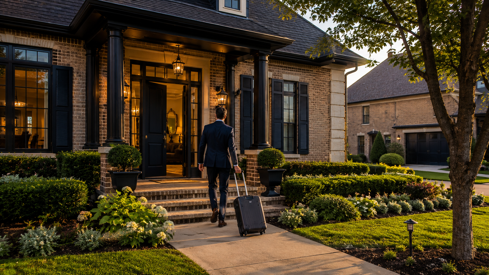 Person carrying luggage up steps to a well-lit house at dusk