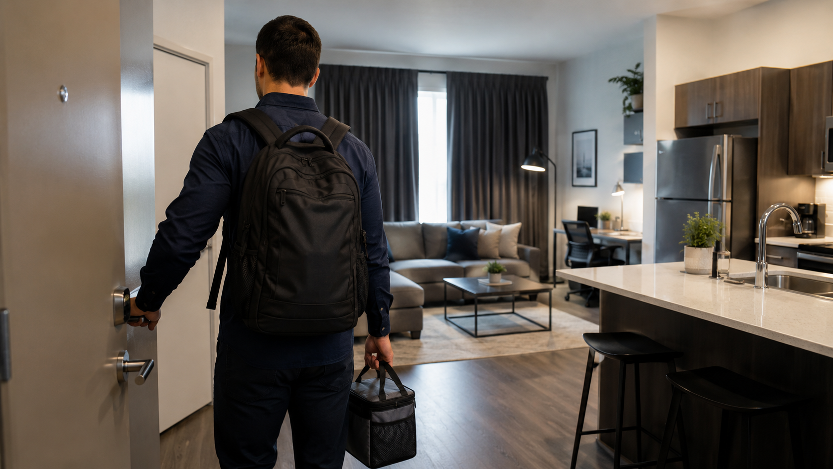Person entering a modern apartment, carrying a backpack and duffel bag, with a bright living room ahead.