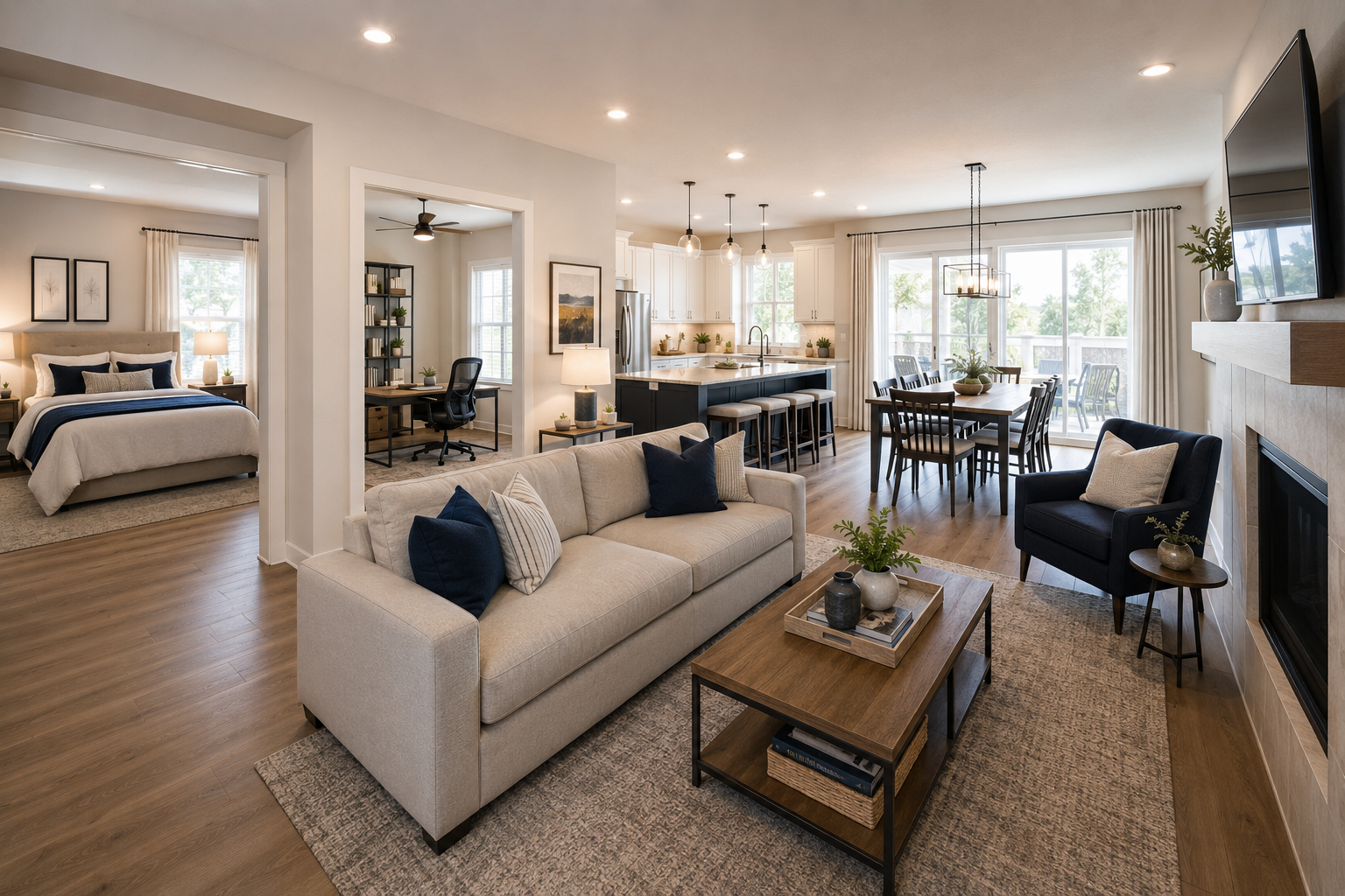 Open-concept living room with beige sofa, dining area, fireplace, and a bedroom visible in the background