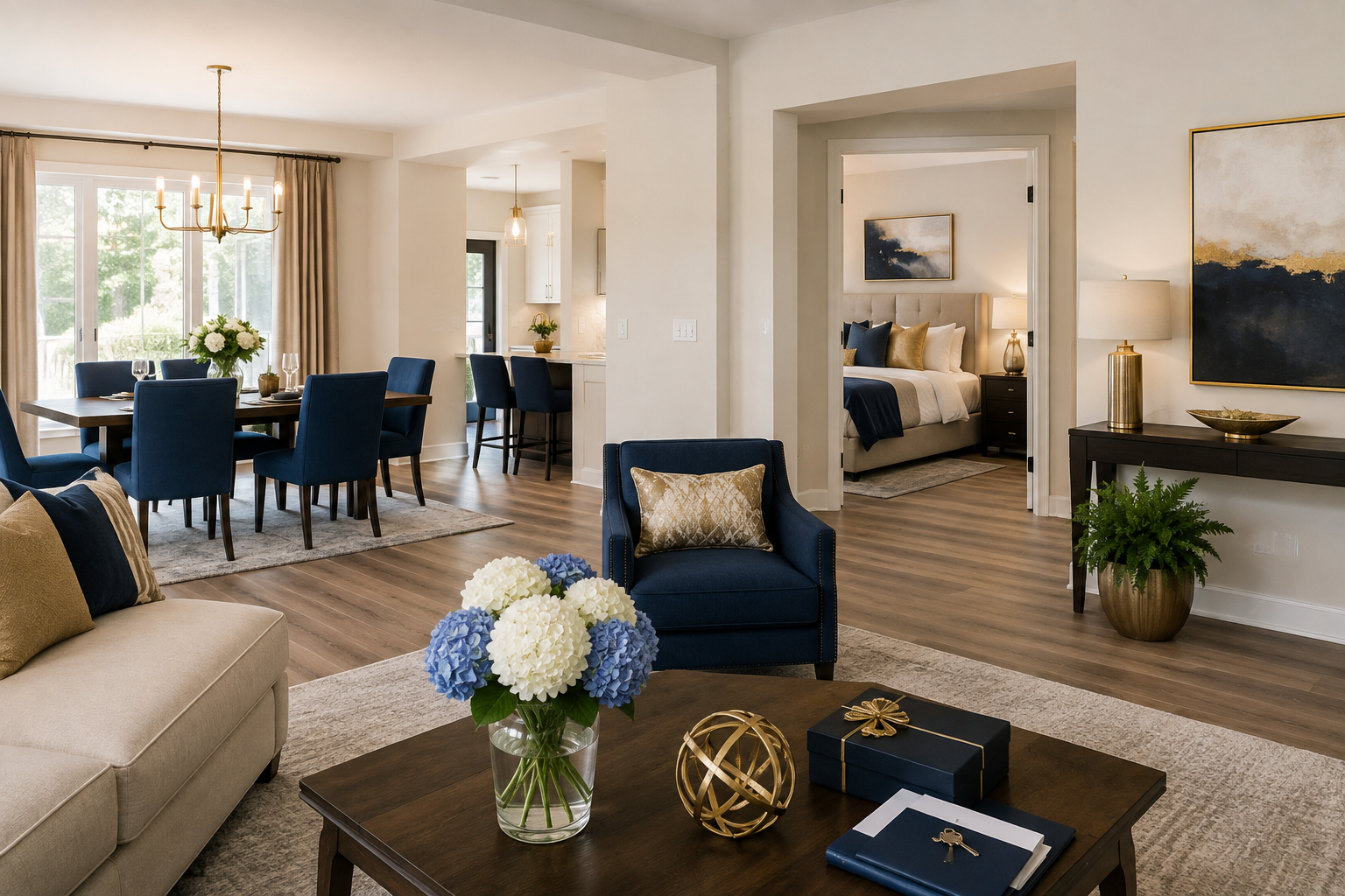 Bright living and dining room with navy chairs, beige sofa, and coffee table with flowers and decor.