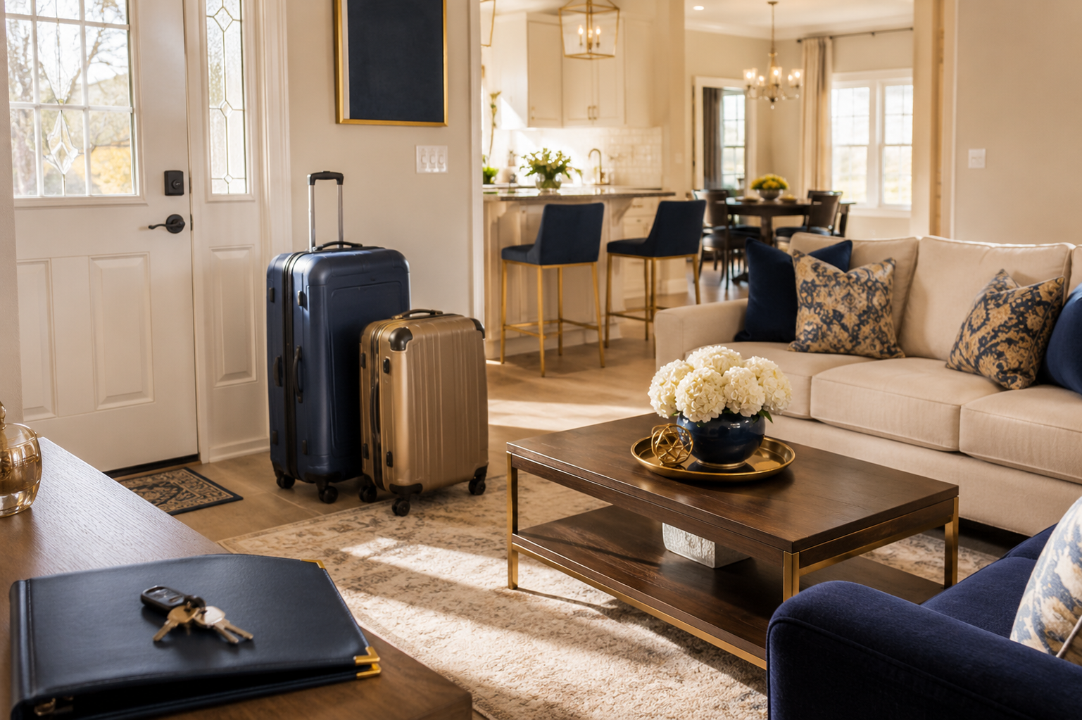 Living room with beige sofa, coffee table, and two suitcases by the door