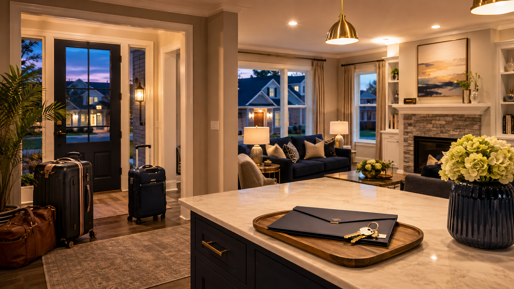 Warm living room with fireplace, blue sofa, balcony view, and a kitchen island in the foreground