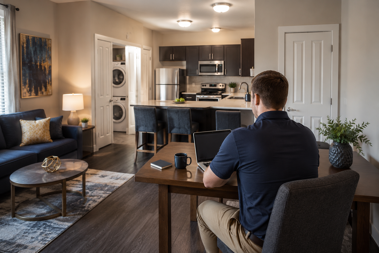 Man sitting at a table in a modern living room, facing an open kitchen with laundry area nearby.