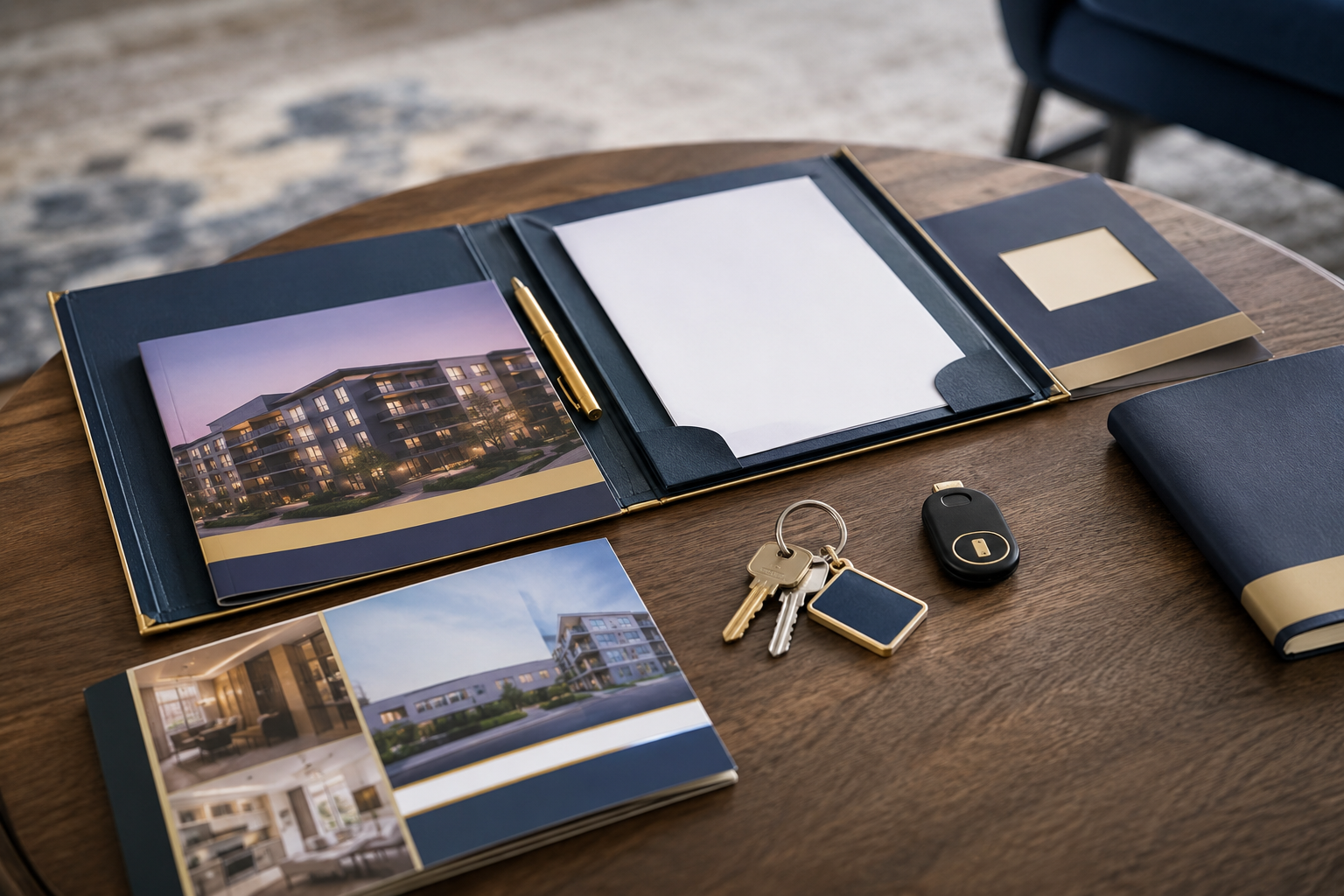Photo album and keys on a wooden table beside an open notebook and smartphone over business cards.