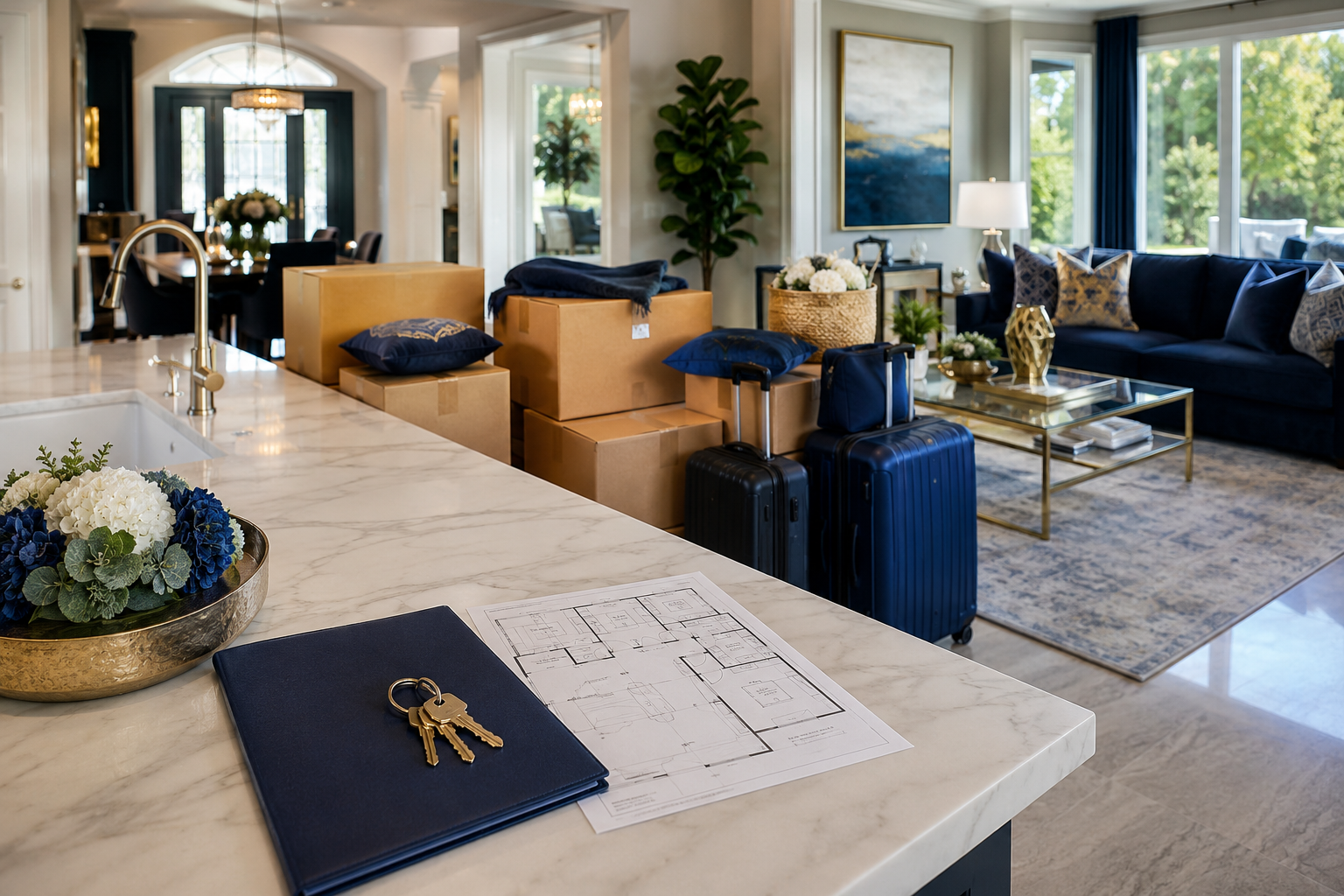 Modern luxury living room with tan armchairs, navy sofas, marble table, and large windows