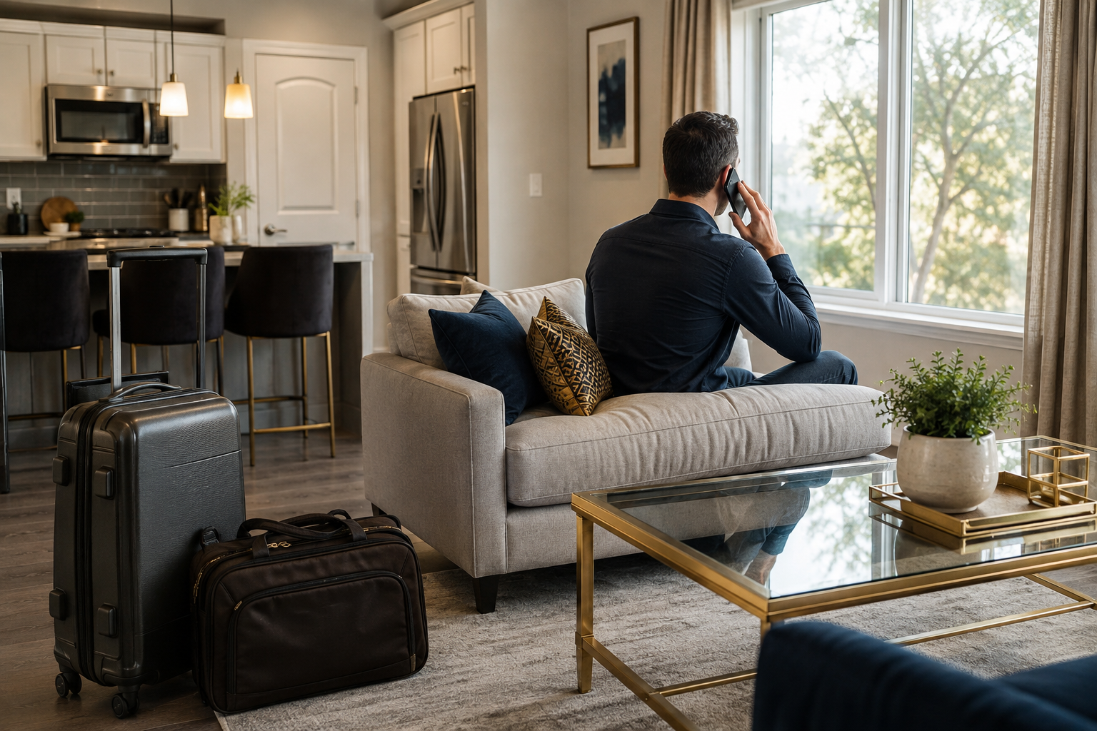 Person sitting on a couch in a bright living room, looking out a window with suitcases nearby.