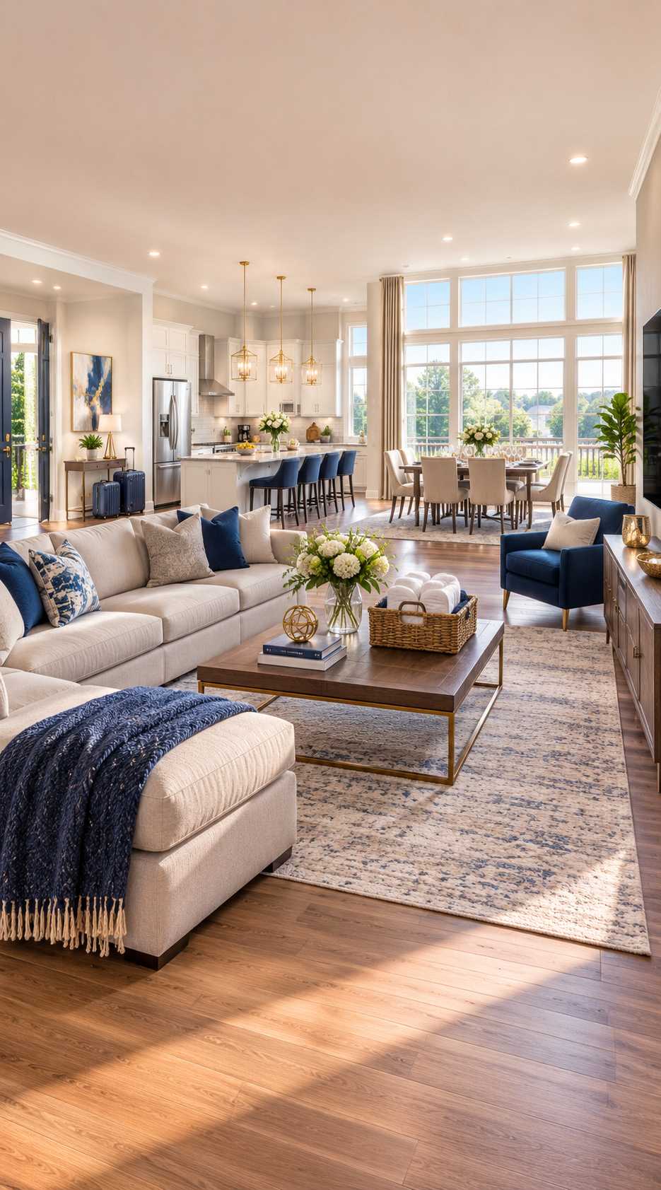 Bright modern living room with beige sofas, blue chairs, coffee table, and large windows overlooking a dining area