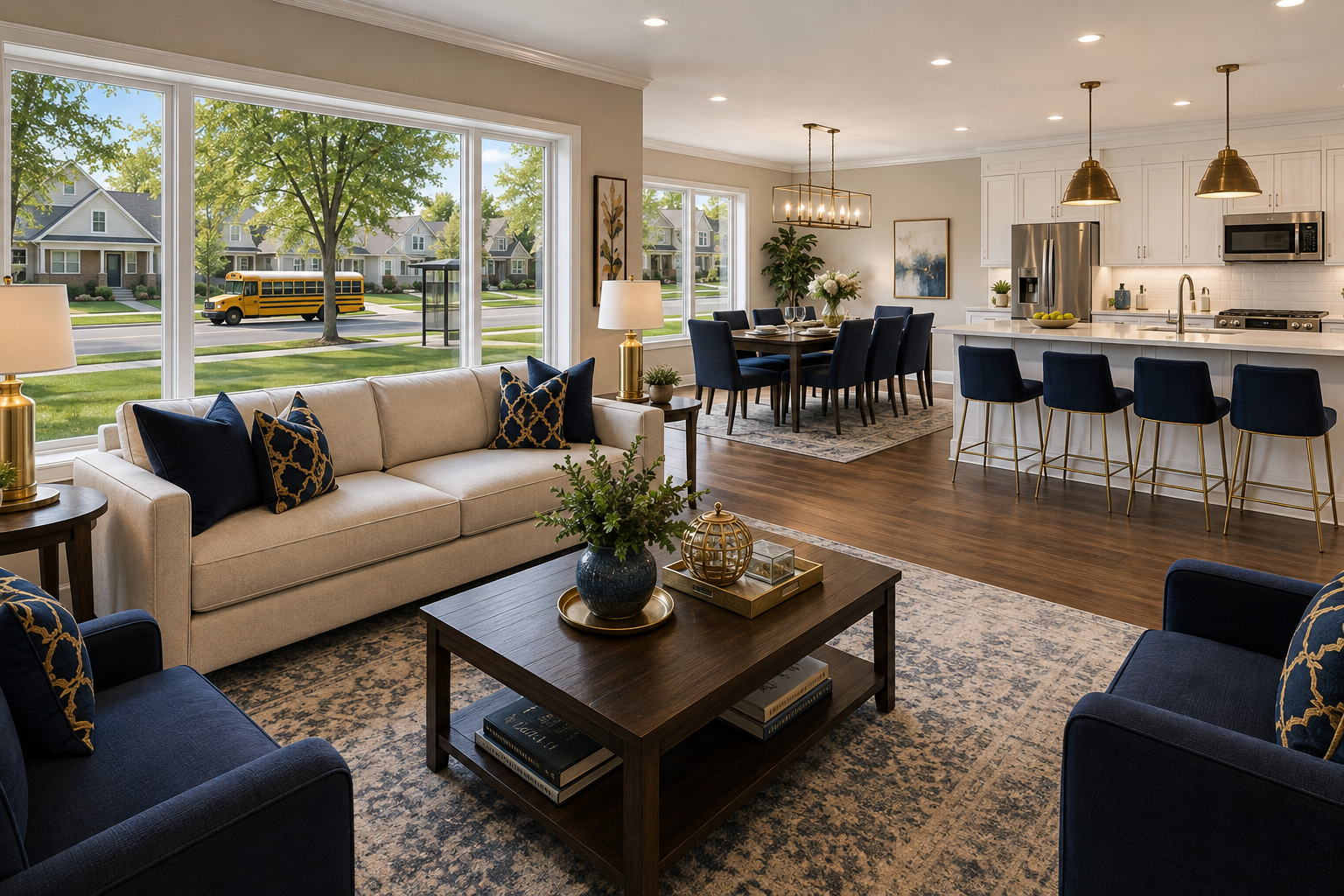 Bright open-concept living room with beige and navy seating, hardwood floors, and a dining area and kitchen beyond.
