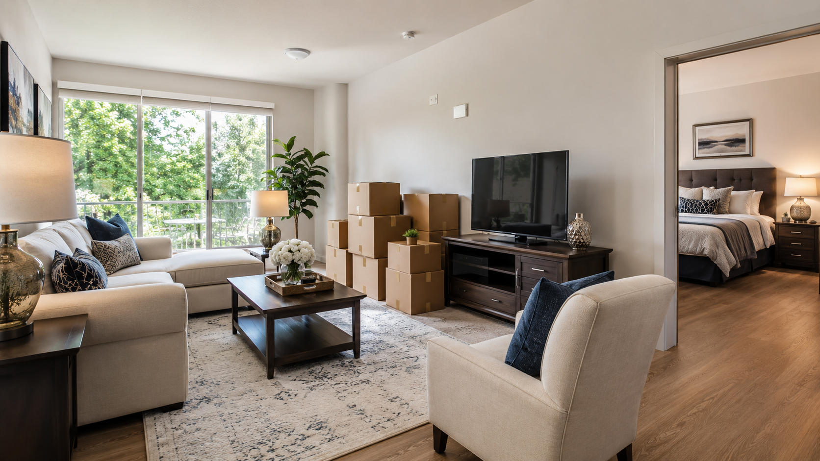 Bright living room with beige sofas, TV, coffee table, moving boxes, and a view into a bedroom.