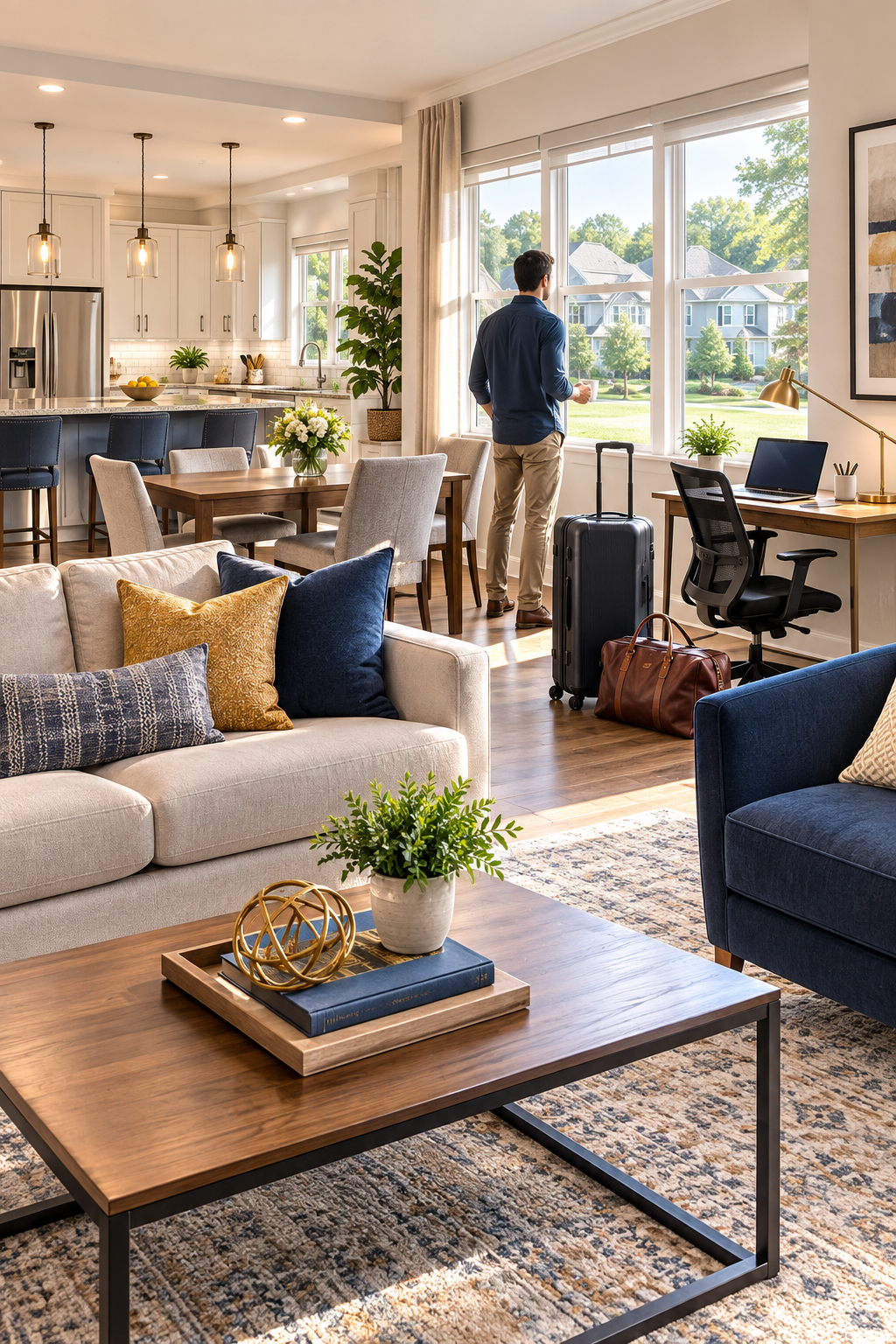 Bright modern living room with sofa, coffee table, and a person standing by large patio doors.