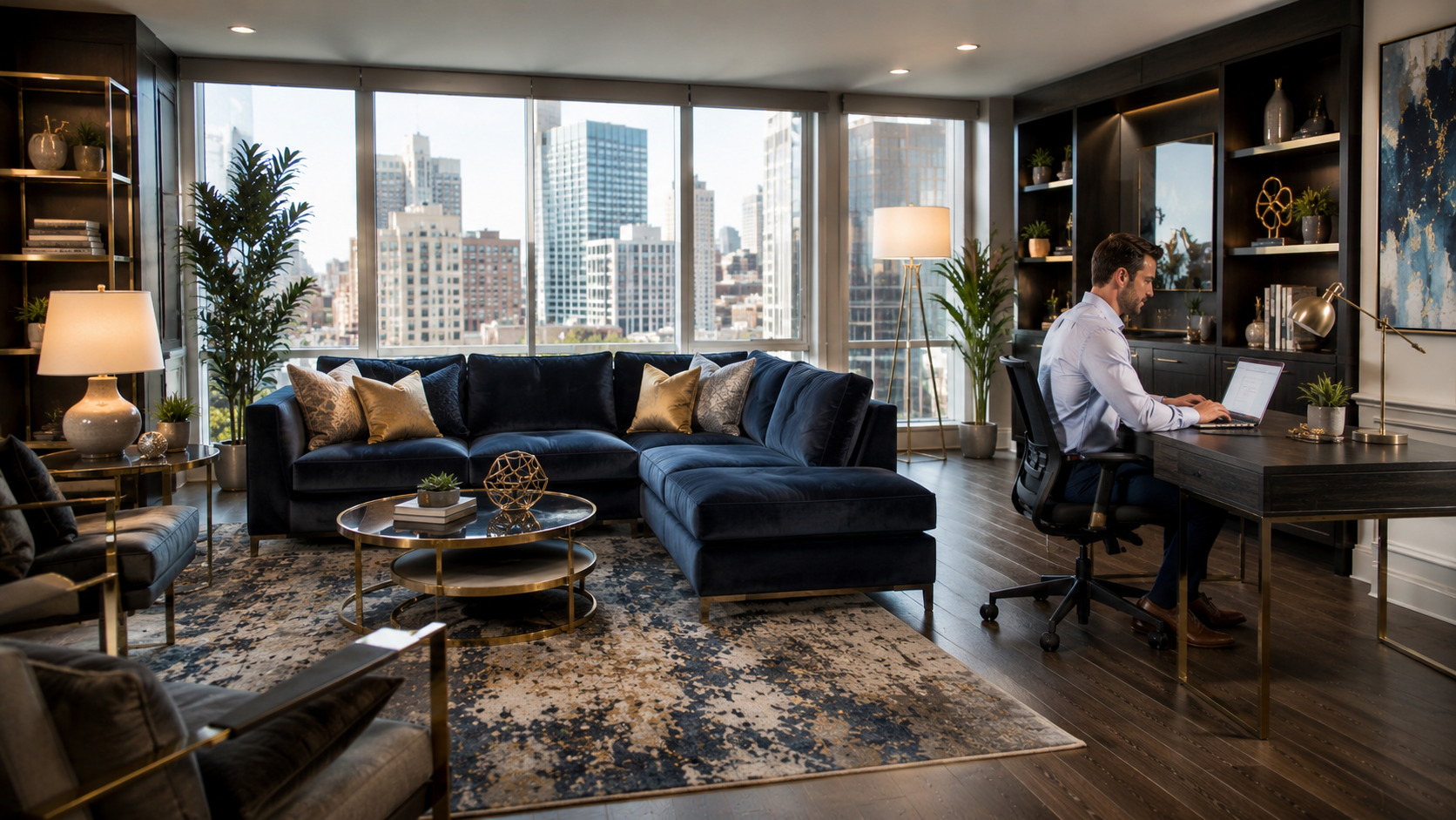 Modern living room with city view; a person works at a desk beside a blue sofa and marble coffee table.