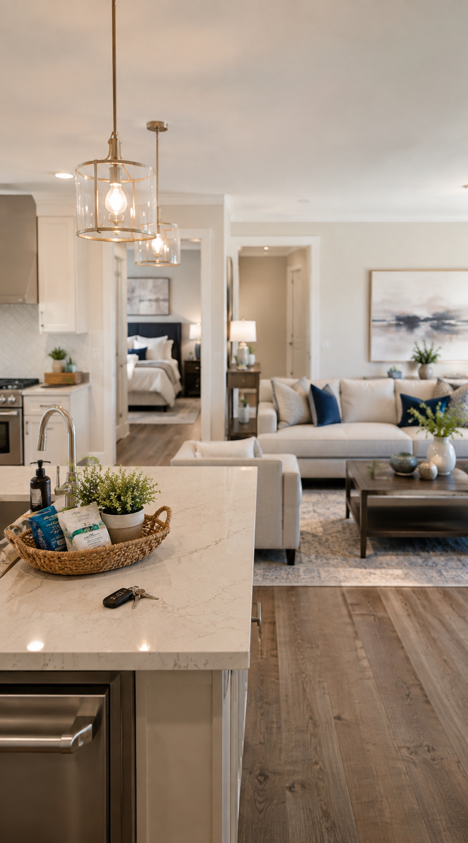 Bright open-concept living room and kitchen with neutral decor, white cabinets, gray sofa, and wooden floors.