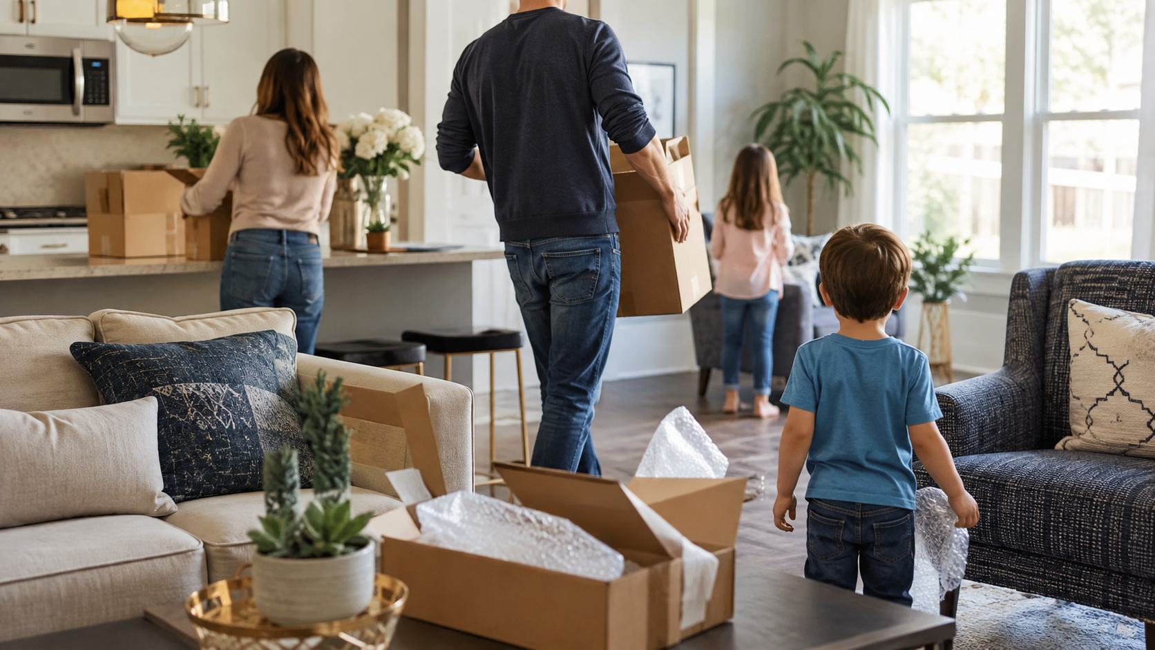 Family carrying boxes into a bright living room during a move