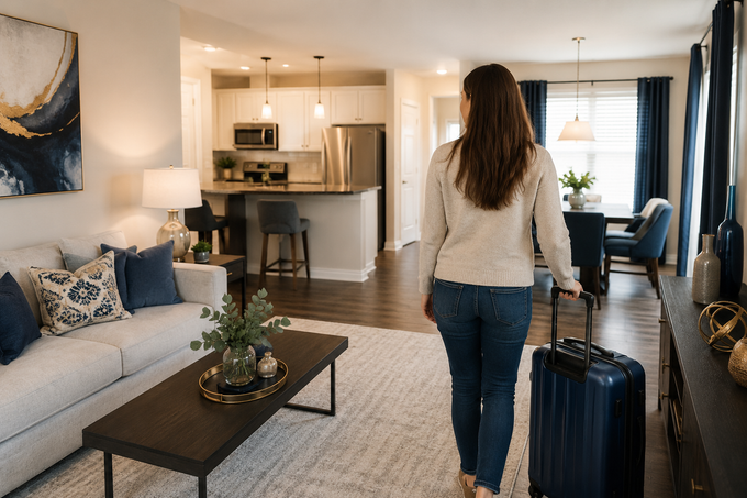 Woman walking with a suitcase into a bright modern apartment living room