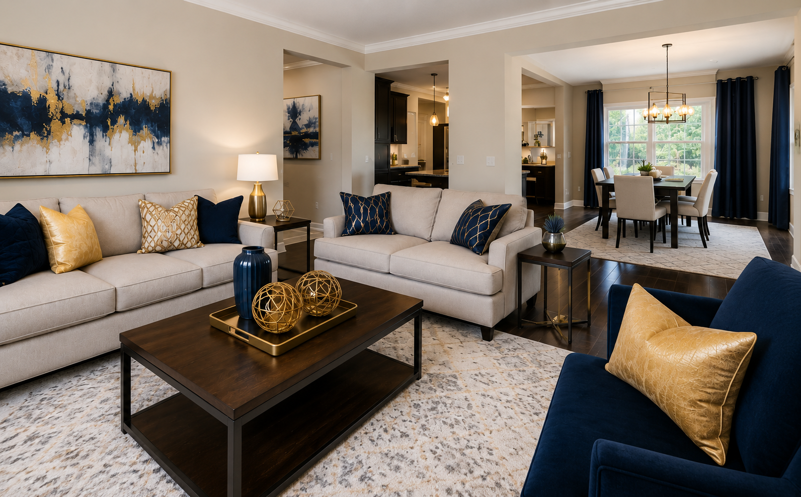 Stylish living room with beige and navy sofas, gold accents, and an open dining area.