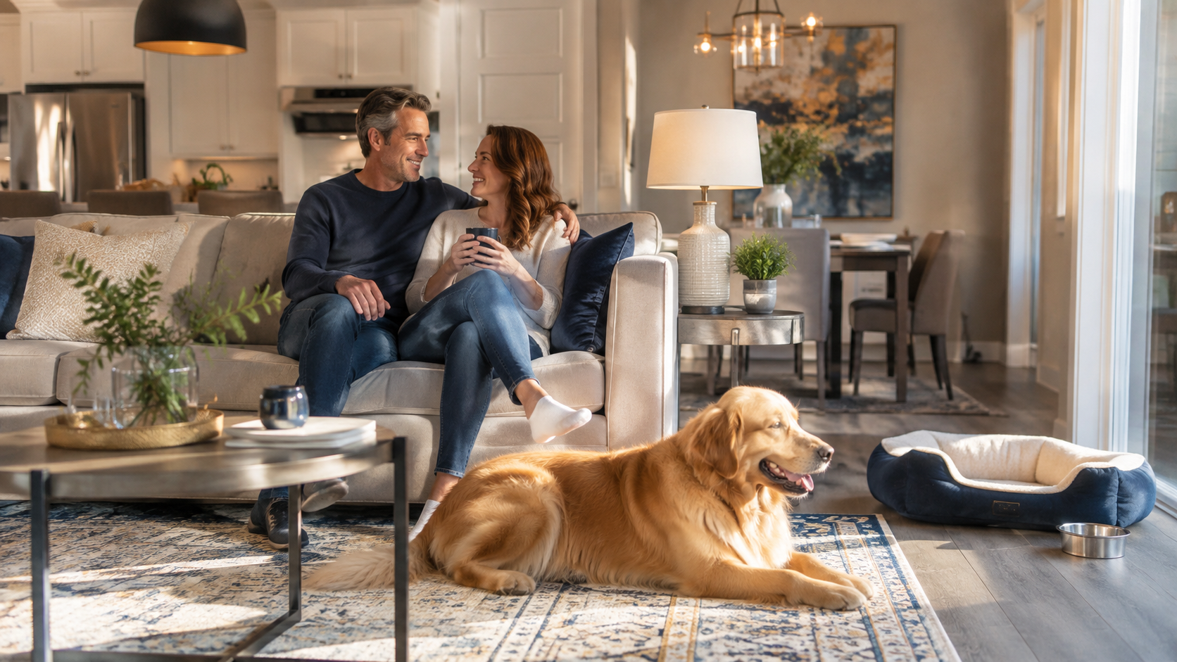 Couple sitting on a couch in a bright living room with a golden retriever lying on the rug