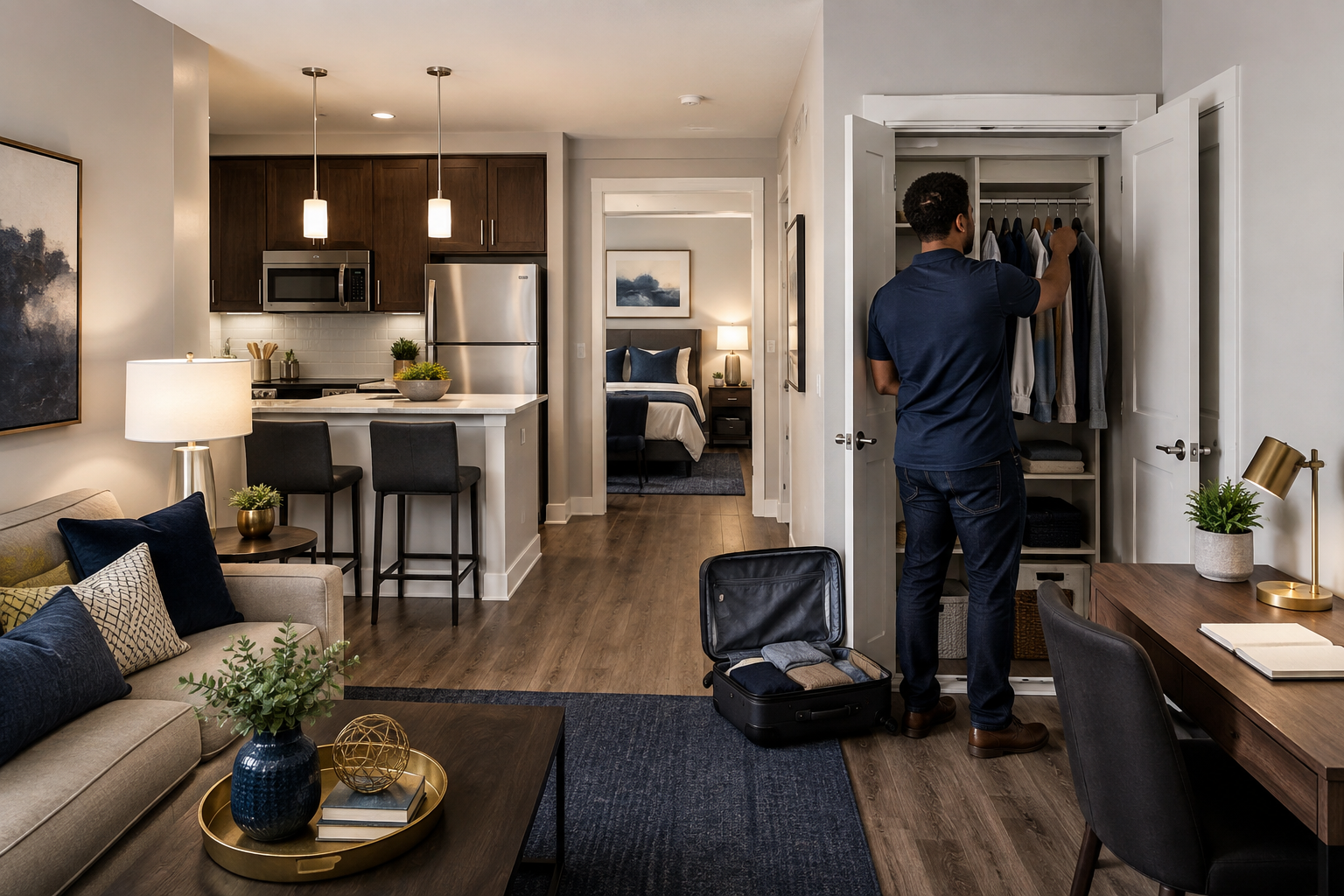 Man organizing clothes in a modern apartment closet, with a kitchen and living area in the background.