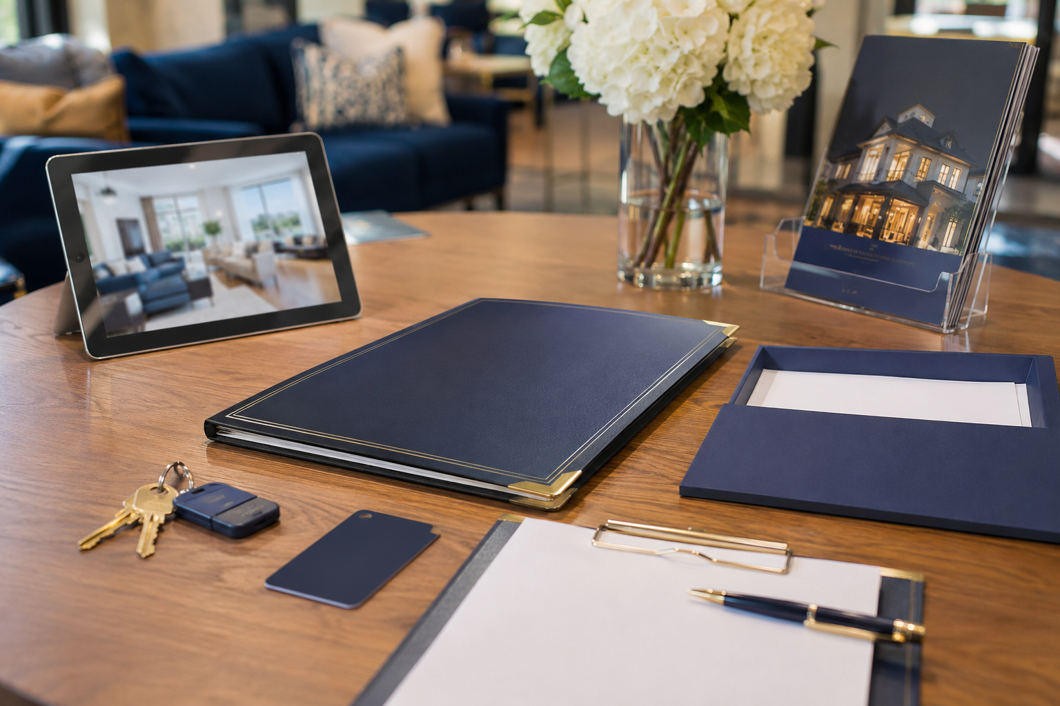 Laptop, tablet, notebook, glasses, and flowers on a wooden desk in a stylish office lounge.