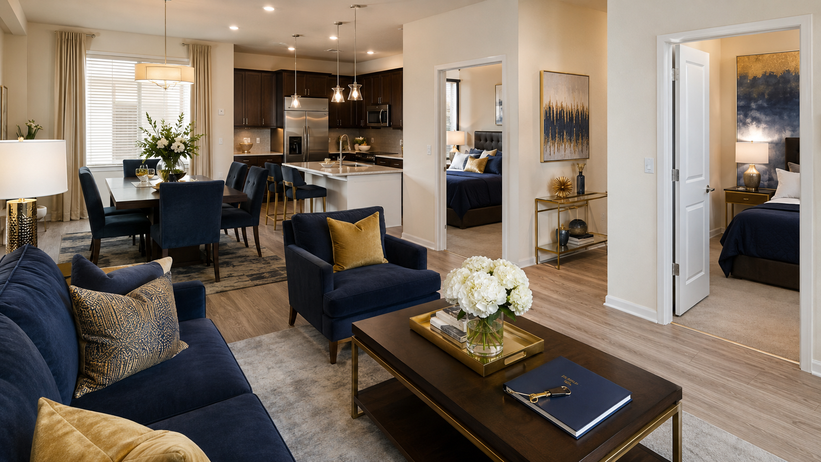 Modern open-concept living room and kitchen with navy seating, coffee table, and mirrored wall decor