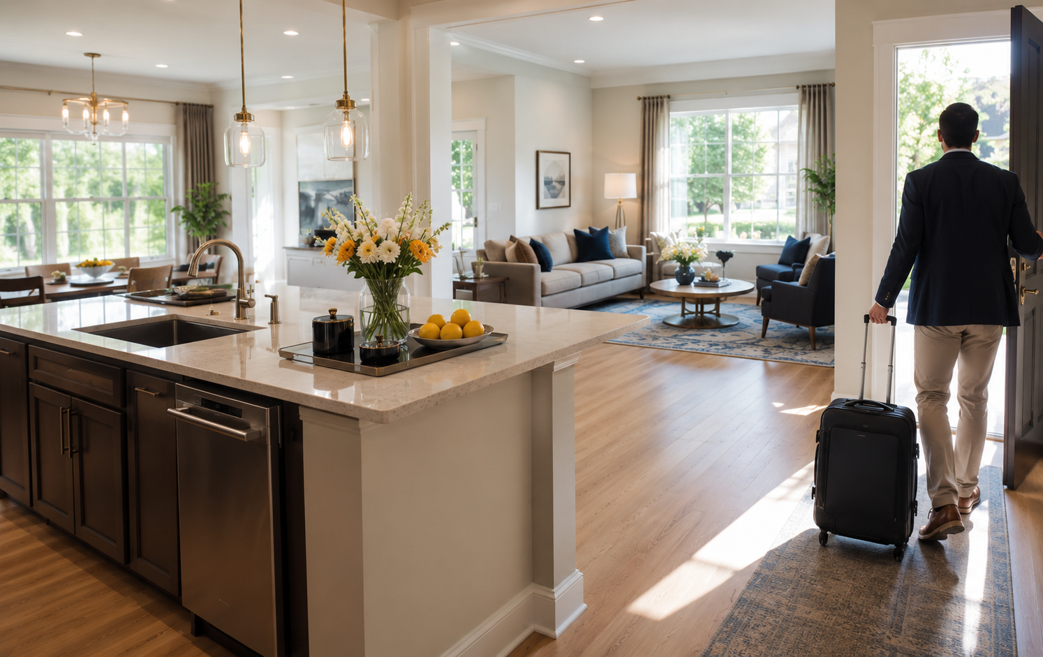 Modern kitchen and living room with a person rolling a suitcase inside a bright home