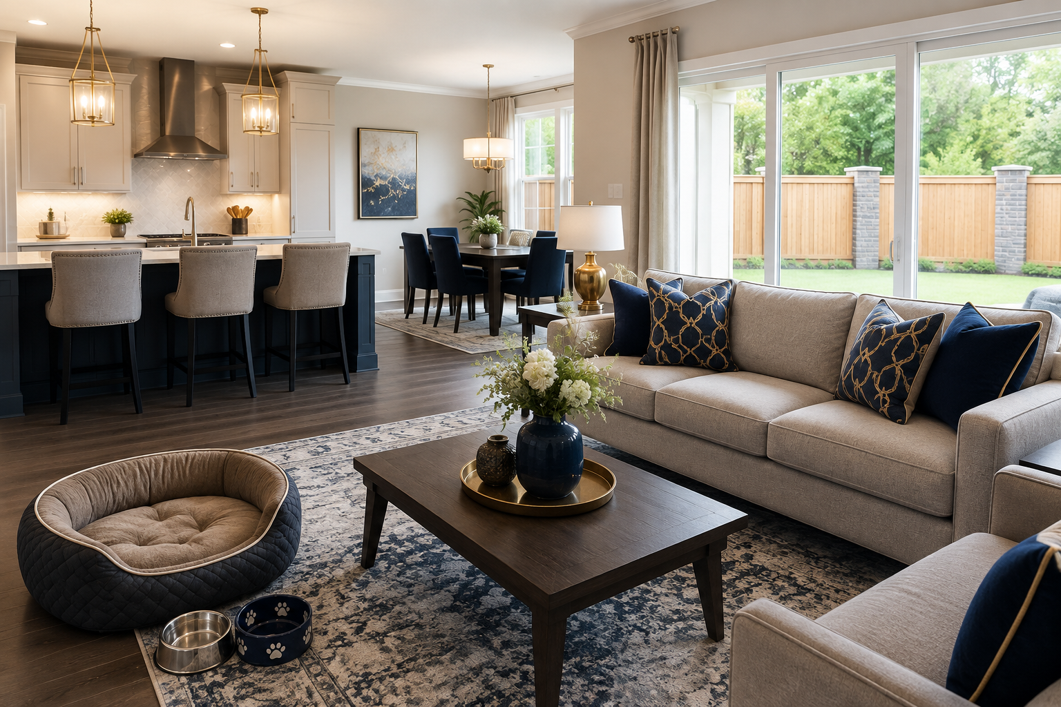 Modern open-plan living room with beige sofa, coffee table, dining area, and kitchen island, lit by daylight