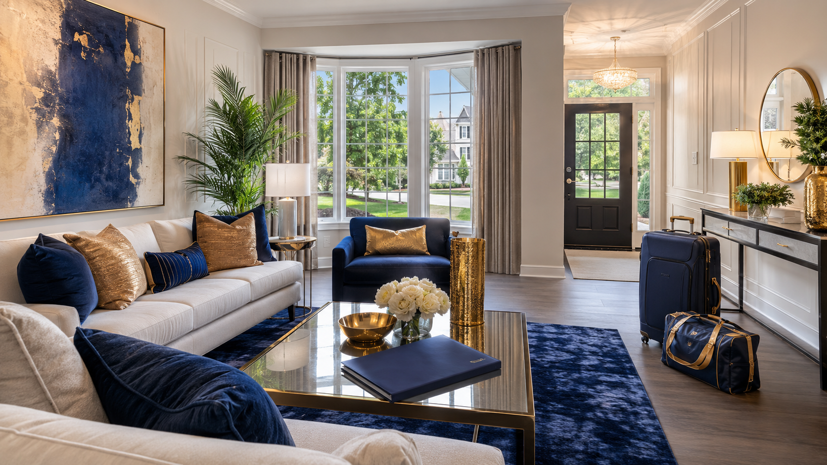 Bright living room with gray sofa, blue accents, large windows, and balcony doors leading outside