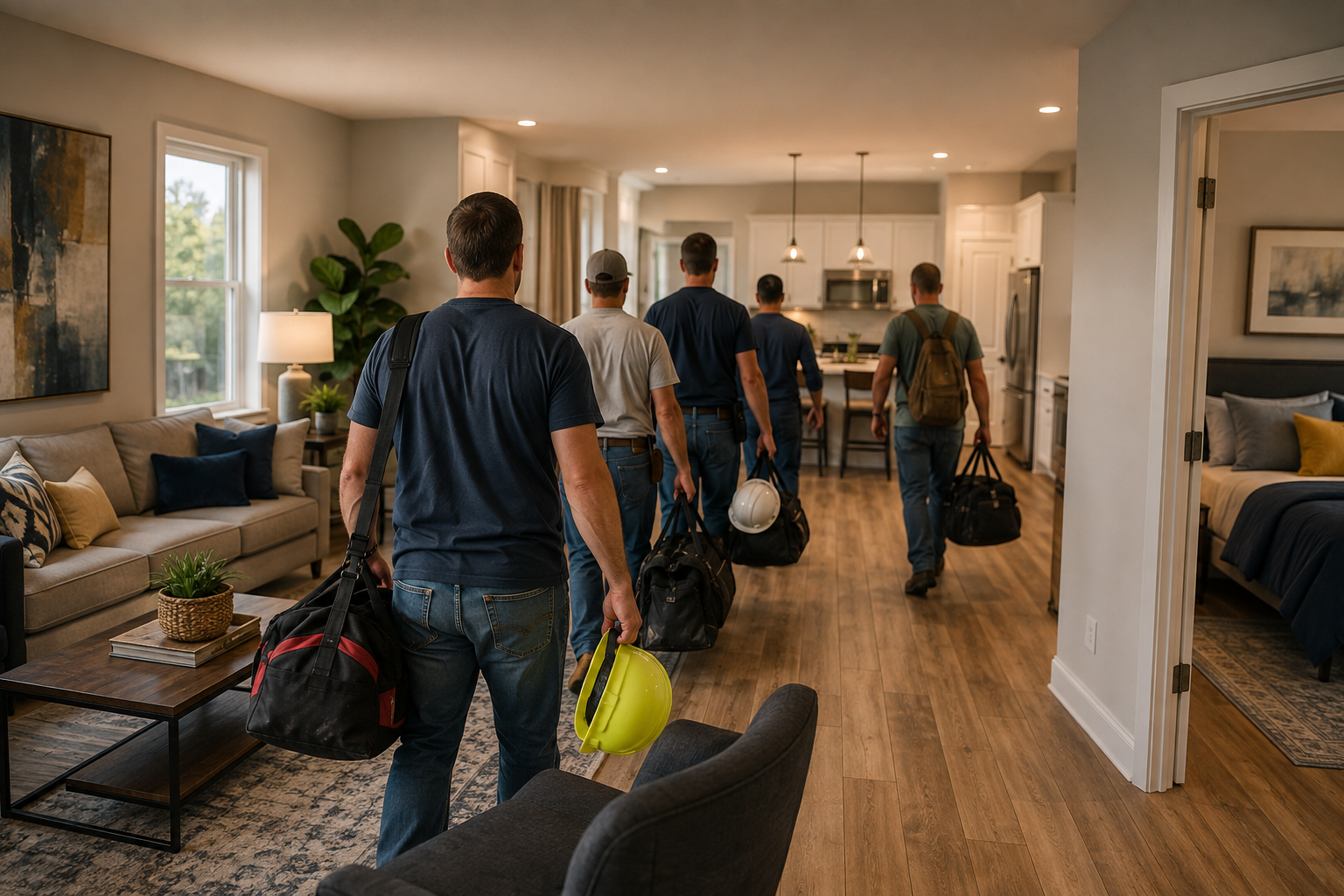People carrying bags through a living room into a bright kitchen in a house