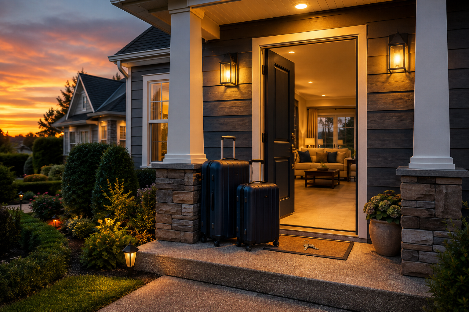 Warmly lit front porch of a house at sunset, with open door, stone columns, and potted plants.
