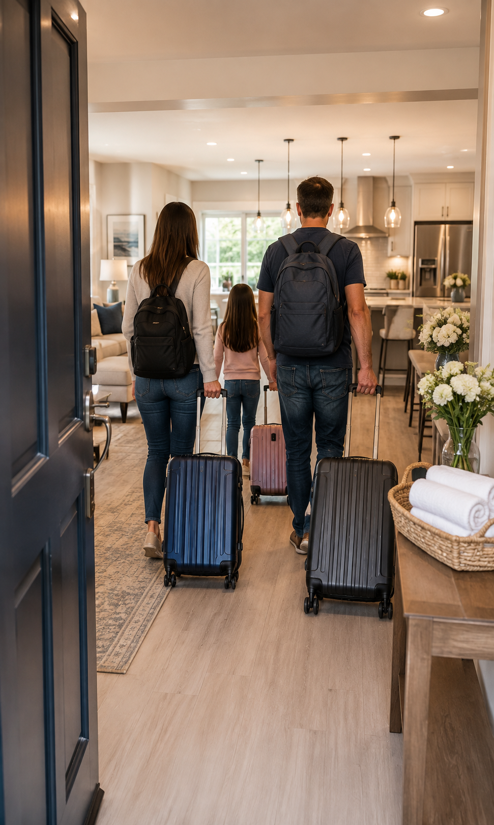 Family walking with rolling suitcases into a bright home foyer from the front door
