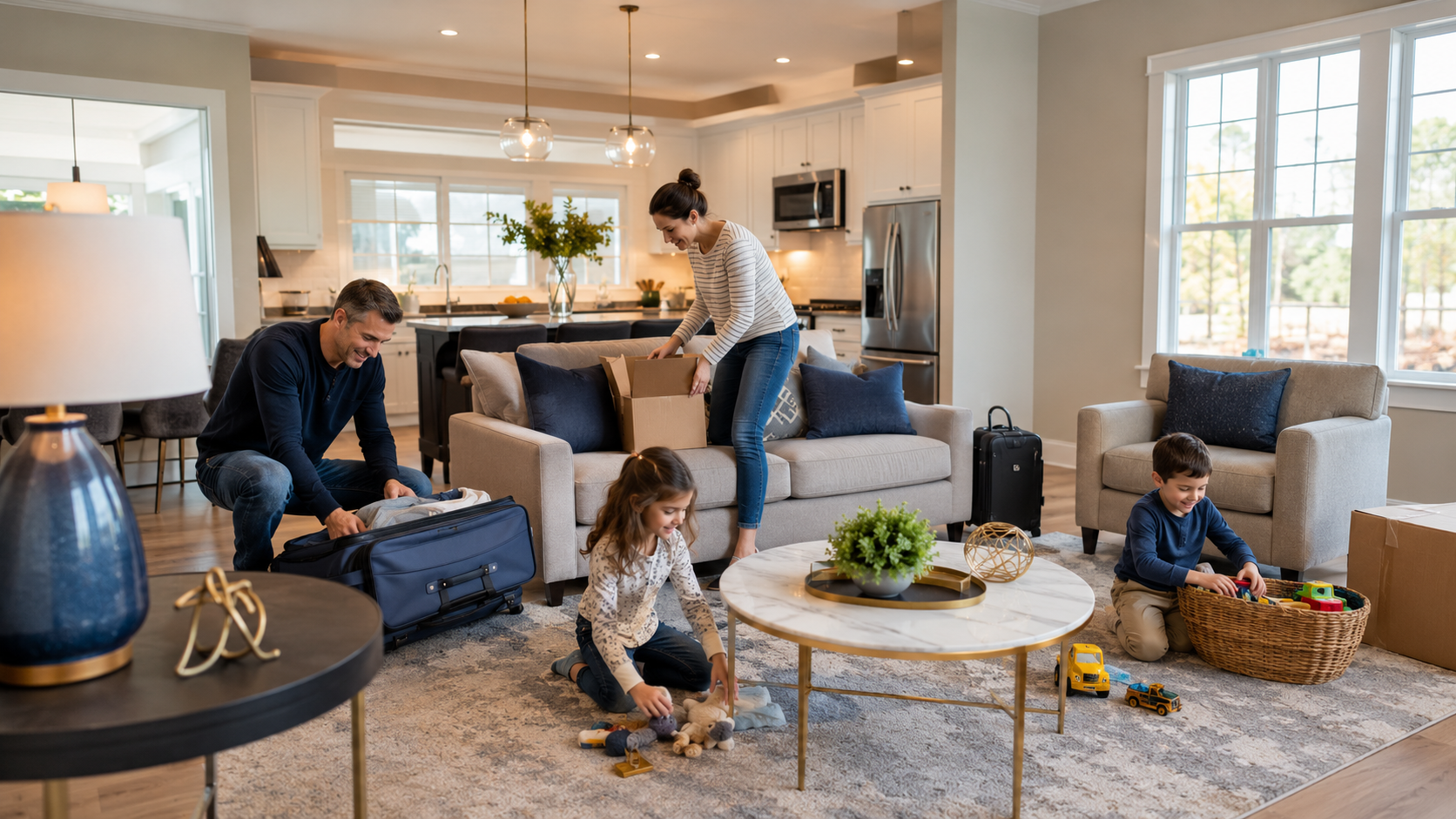 Family unpacking boxes in a bright living room with a child playing on the floor