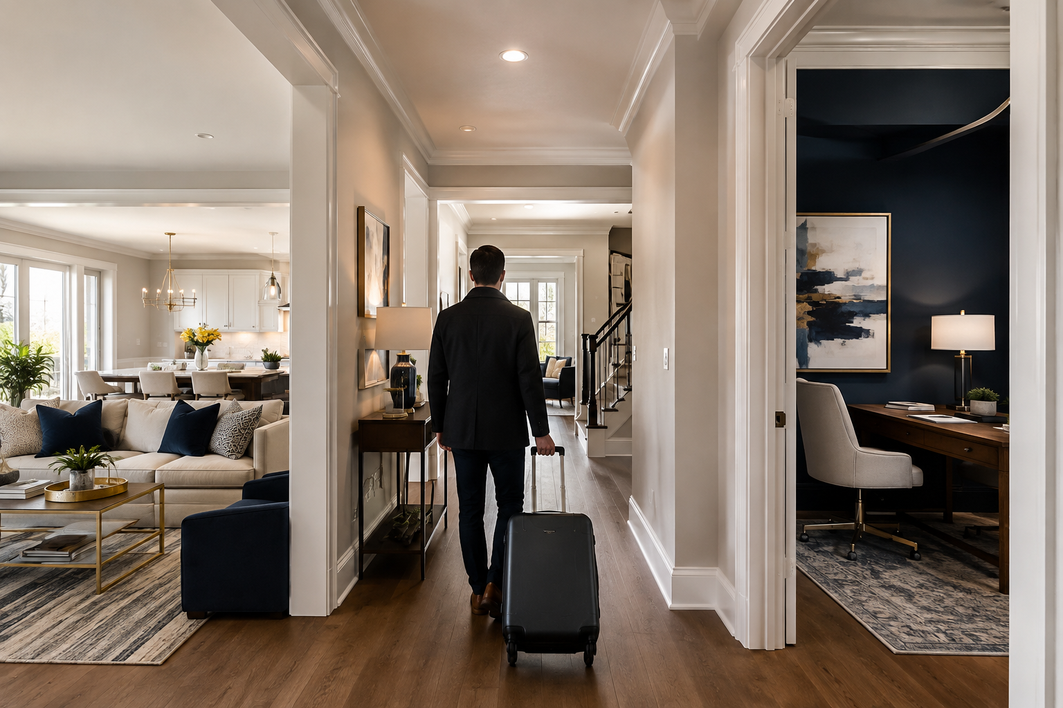 Person rolling suitcase through a hotel suite hallway with a bedroom and sitting area visible.