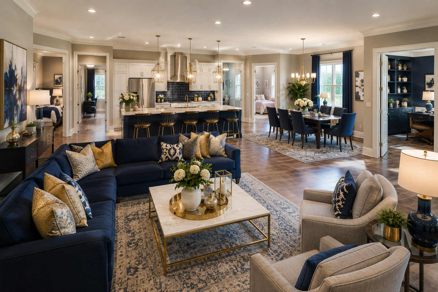 Modern open-plan living room and kitchen with navy sofas, white island, dining table, and wood floors