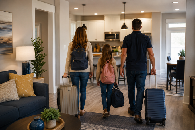 Family carrying suitcases into a modern home entryway