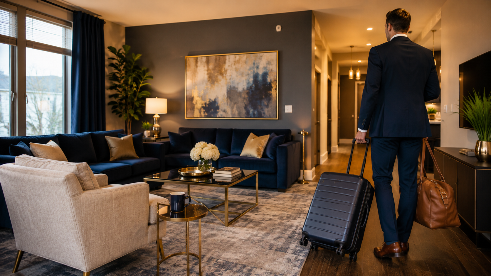 Man pulling a suitcase through a modern hotel suite with navy sofas and warm lighting