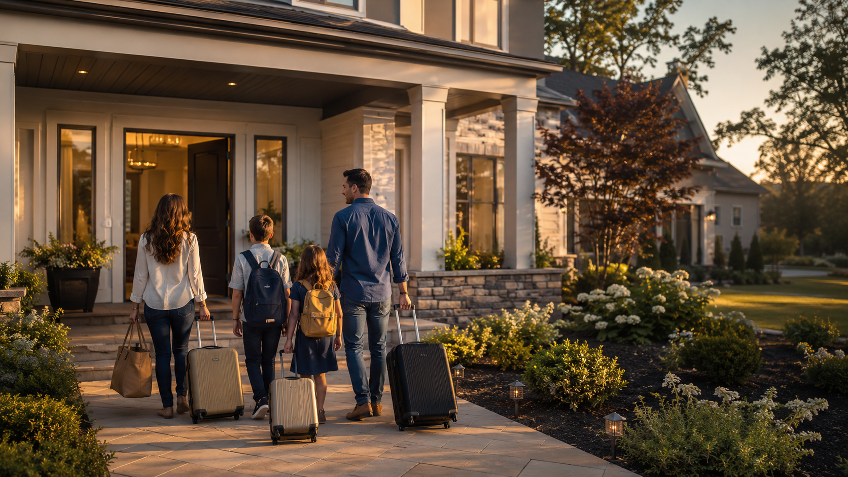 Family rolling suitcases into a warmly lit suburban home at sunset