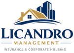 Licano Management logo with blue house and skyscraper icon, gold roof, and “Insurance & Corporate Housing” text