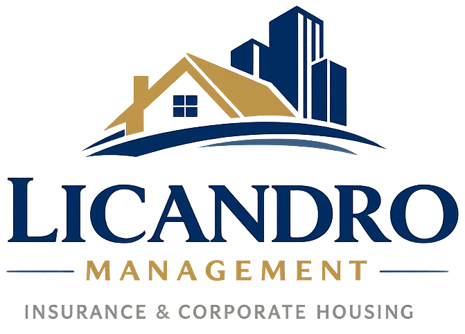 Licandro Management logo with gold house roof, blue skyline, and “Insurance & Corporate Housing” text