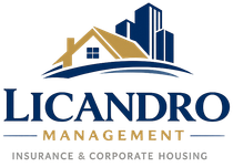 Licandro Management logo with gold house roof, blue skyline, and “Insurance & Corporate Housing” text